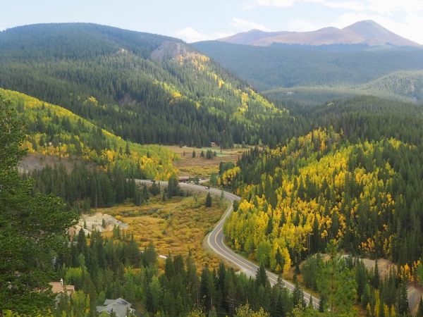 Scenic mountain valley with a winding road, golden aspens, and forested hills under a soft sky.