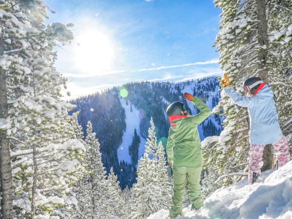 Snowy mountain ski view as two people in colorful jackets and helmets watch falling snow among pine trees.
