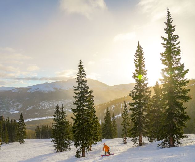 Snowy alpine view with tall pines, mountains in the distance, and a skier gliding on fresh snow at sunrise.